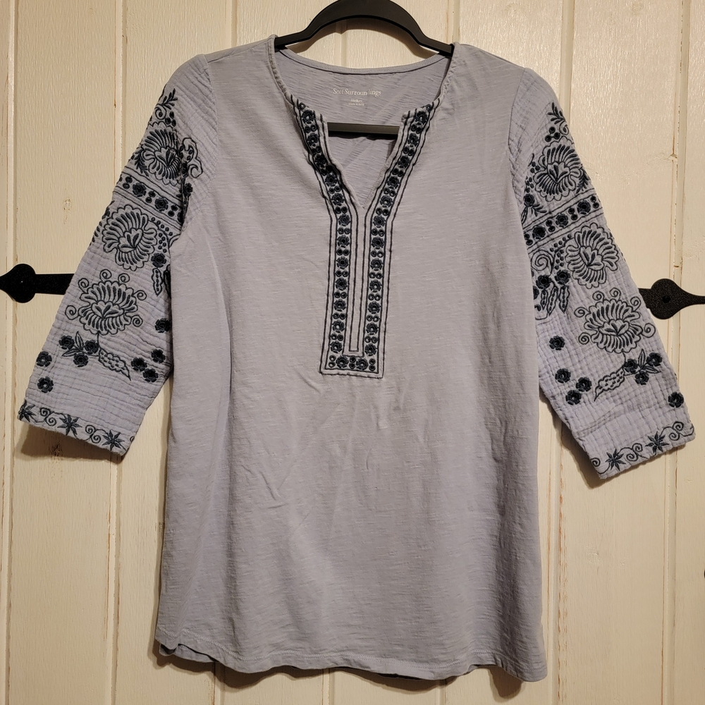 Soft Surroundings Womens Embroidered Top Boho Blue Size Medium